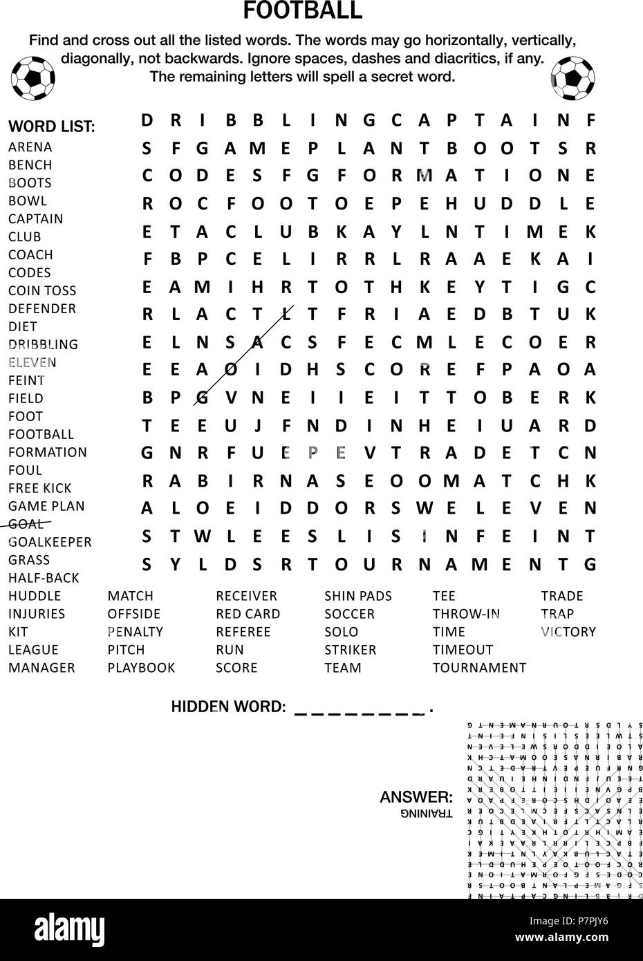 Football (soccer) themed word search puzzle. Suitable both for kids and adults. Answer included. Stock Vector