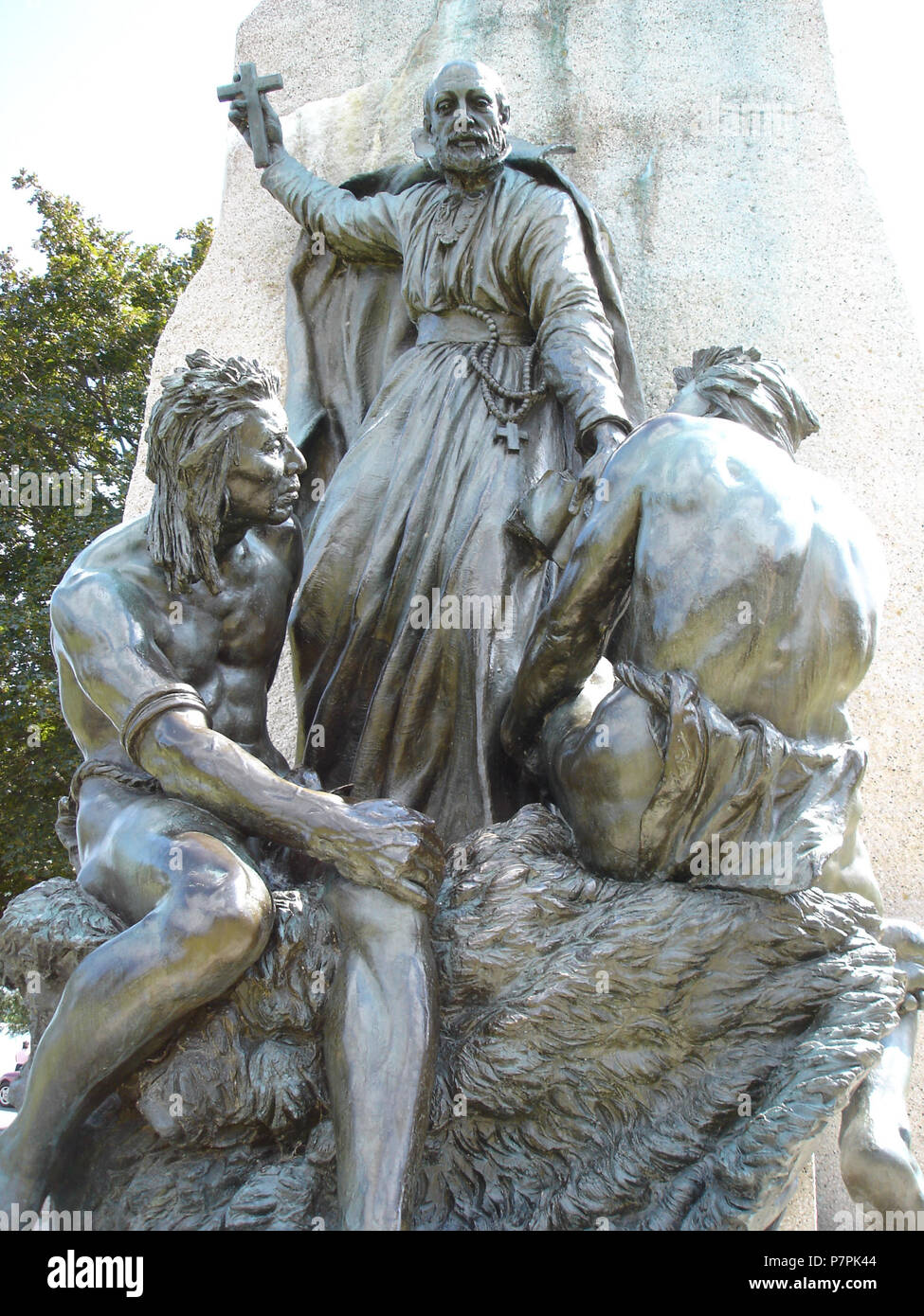 English: One of the two lower portions of the Samuel de Champlain monument, designed by Vernon March, displayed in Orillia, Ontario, Canada. 16 August 2006 318 PortionofSamueldeChamplainMonumentinOrilliaOntario Stock Photo