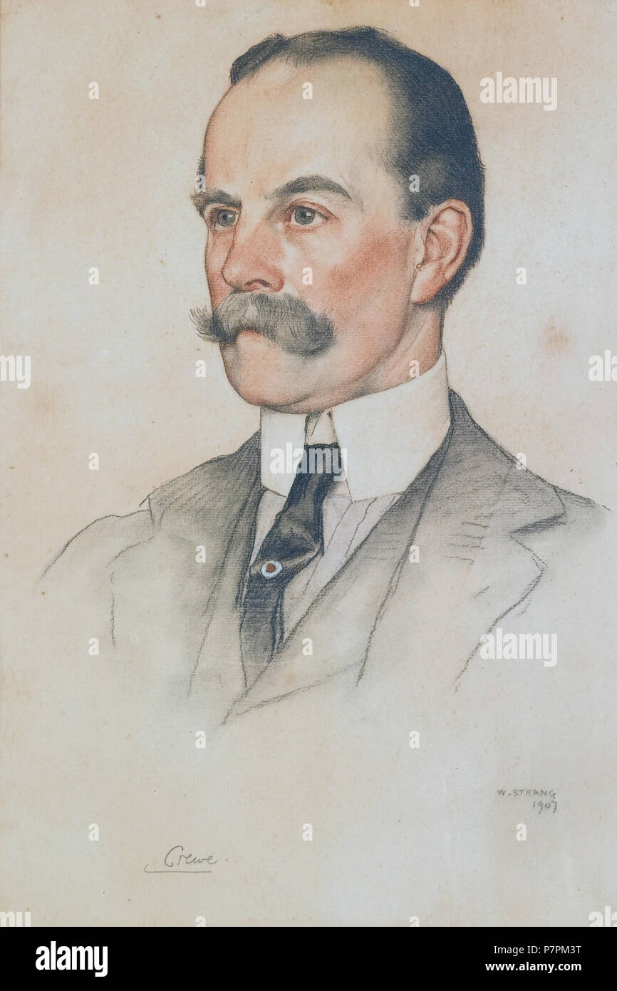 English: Robert Offley Ashburton Milnes, 1st Marquess of Crewe pastel with pencil 38 x 26 cm inscribed b.l.: Crewe signed b.r.: W. STRANG / 1907  . 1907 335 Robert Offley Ashburton Milnes, 1st Marquess of Crewe, by William Strang Stock Photo