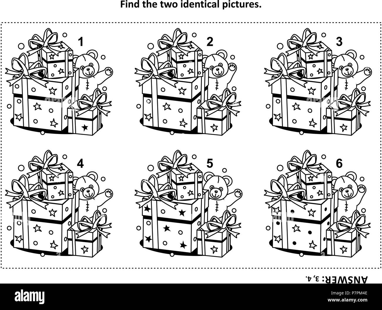 IQ training find the two identical pictures with presents and teddy bear visual puzzle and coloring page. Answer included. Stock Vector