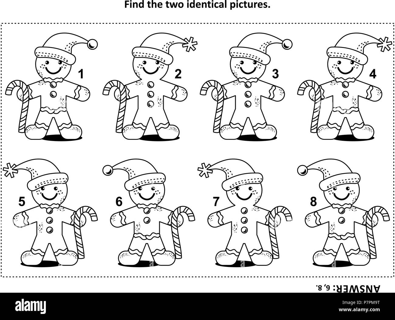 IQ training find the two identical pictures with ginger man visual puzzle and coloring page. Answer included. Stock Vector