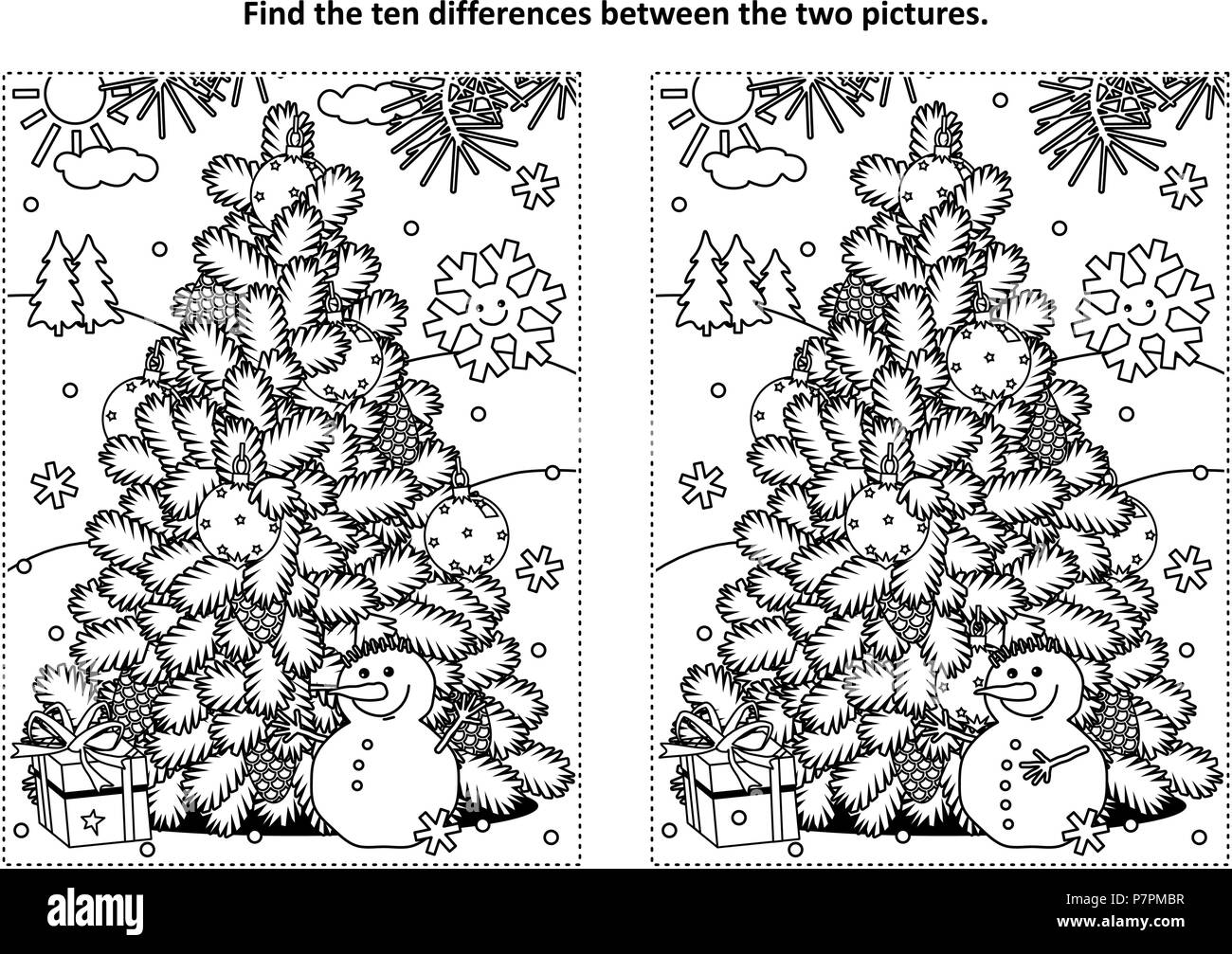 Winter holidays, New Year or Christmas themed find the ten differences picture puzzle and coloring page with christmas tree, cheerful snowman, giftbox Stock Vector
