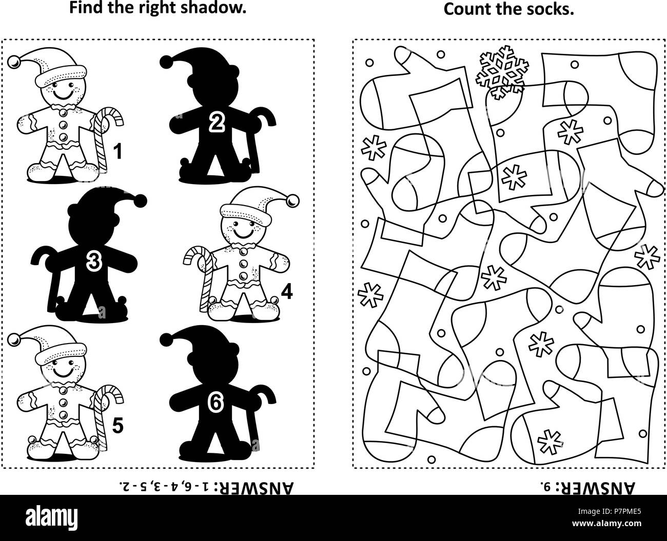 Two visual puzzles and coloring page for kids. Find the right shadow for each picture of ginger man. Count the socks. Black and white. Stock Vector