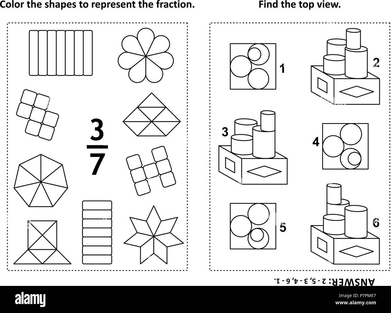 two visual math puzzles and coloring pages color the shapes to represent the fraction find the top view black and white answer included stock vector image art alamy