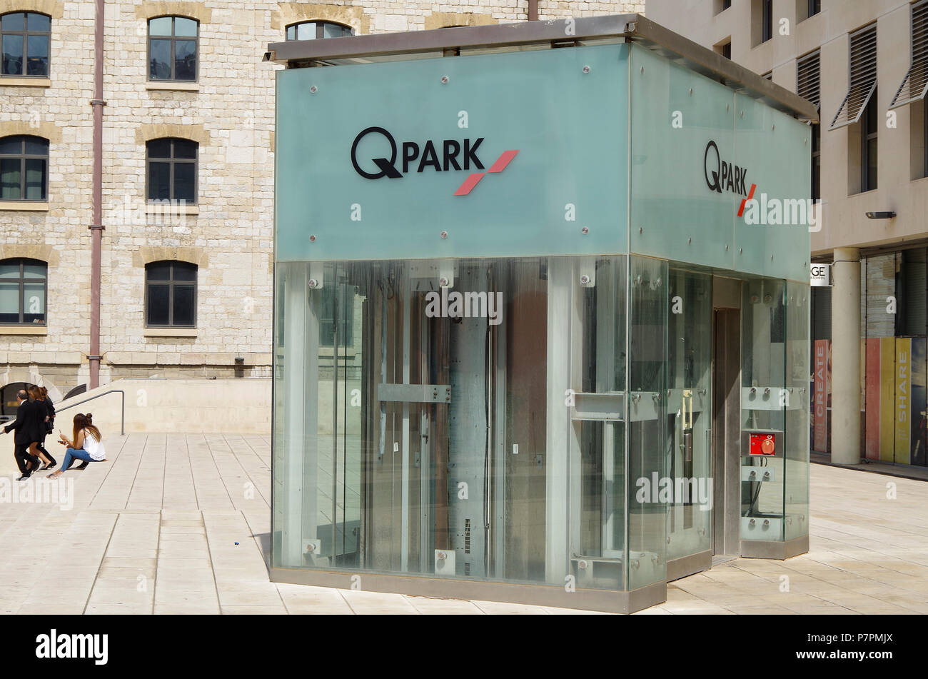 Minimalist high text lift access to an underground car park adjacent to Les Docks Village, in the up & coming Joliette district of Marseille Stock Photo