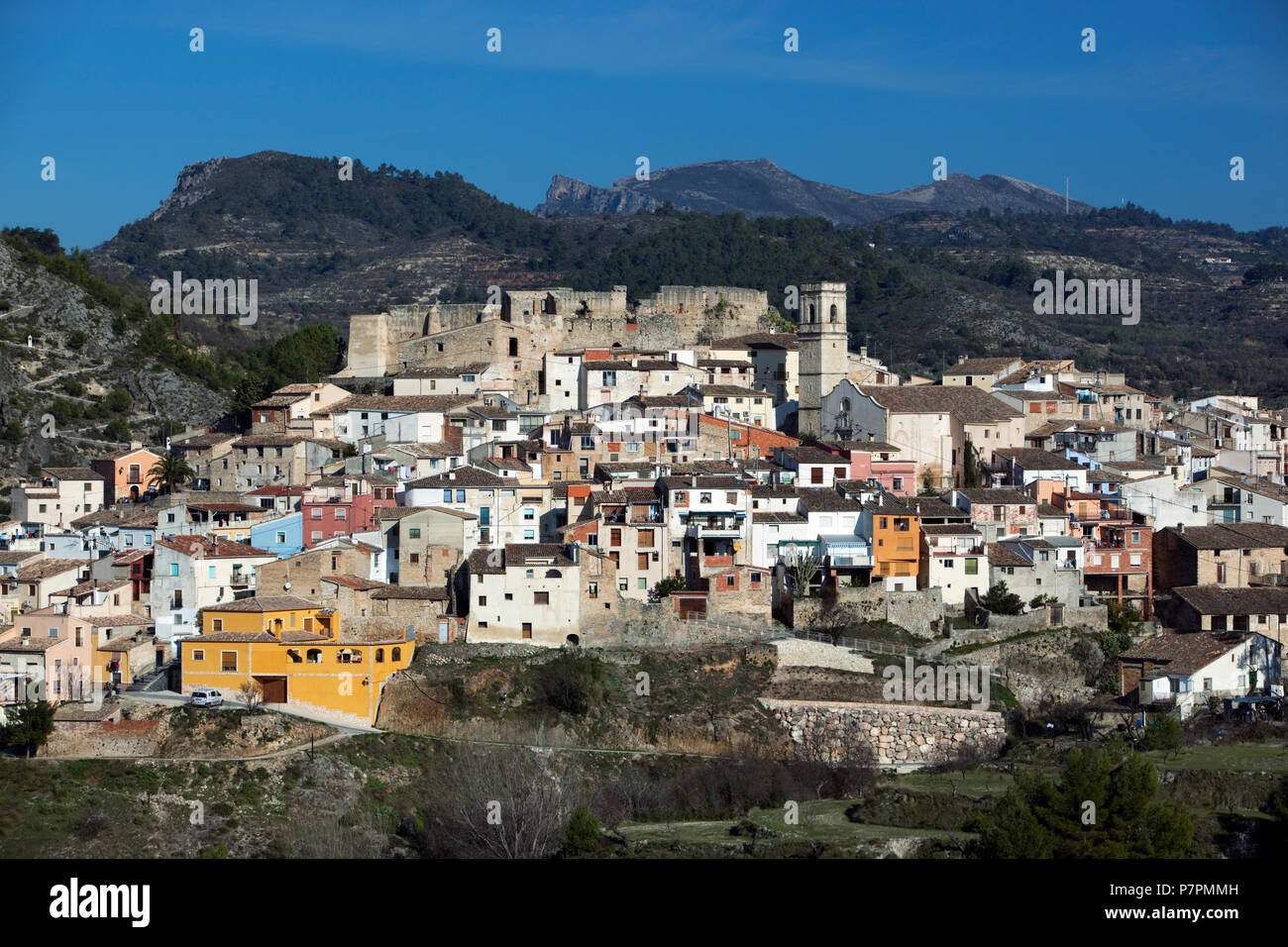 Village with castle in Gallinera Valley Stock Photo