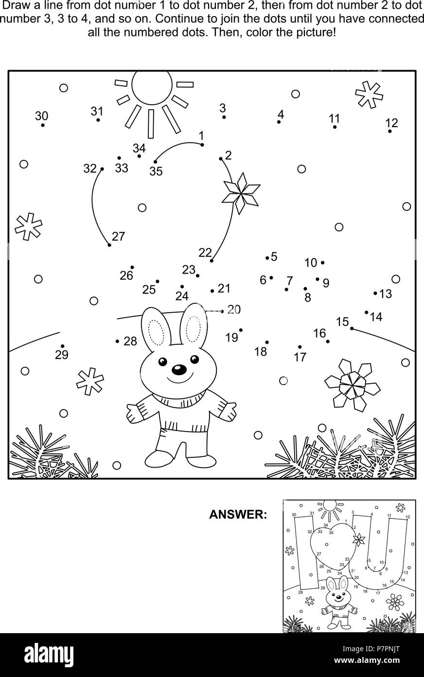 Valentine's Day themed connect the dots picture puzzle and coloring page with I Love You hidden message and little cute hare or bunny. Answer included Stock Vector