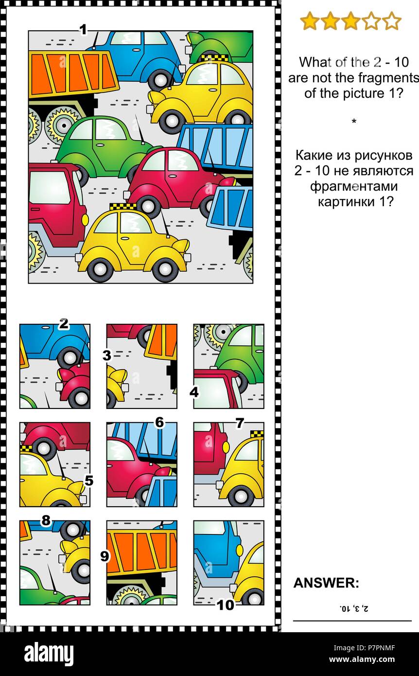 IQ training abstract visual puzzle with cars and trucks on the road: What of the 2 - 10 are not the fragments of the picture 1? Answer included. Stock Vector