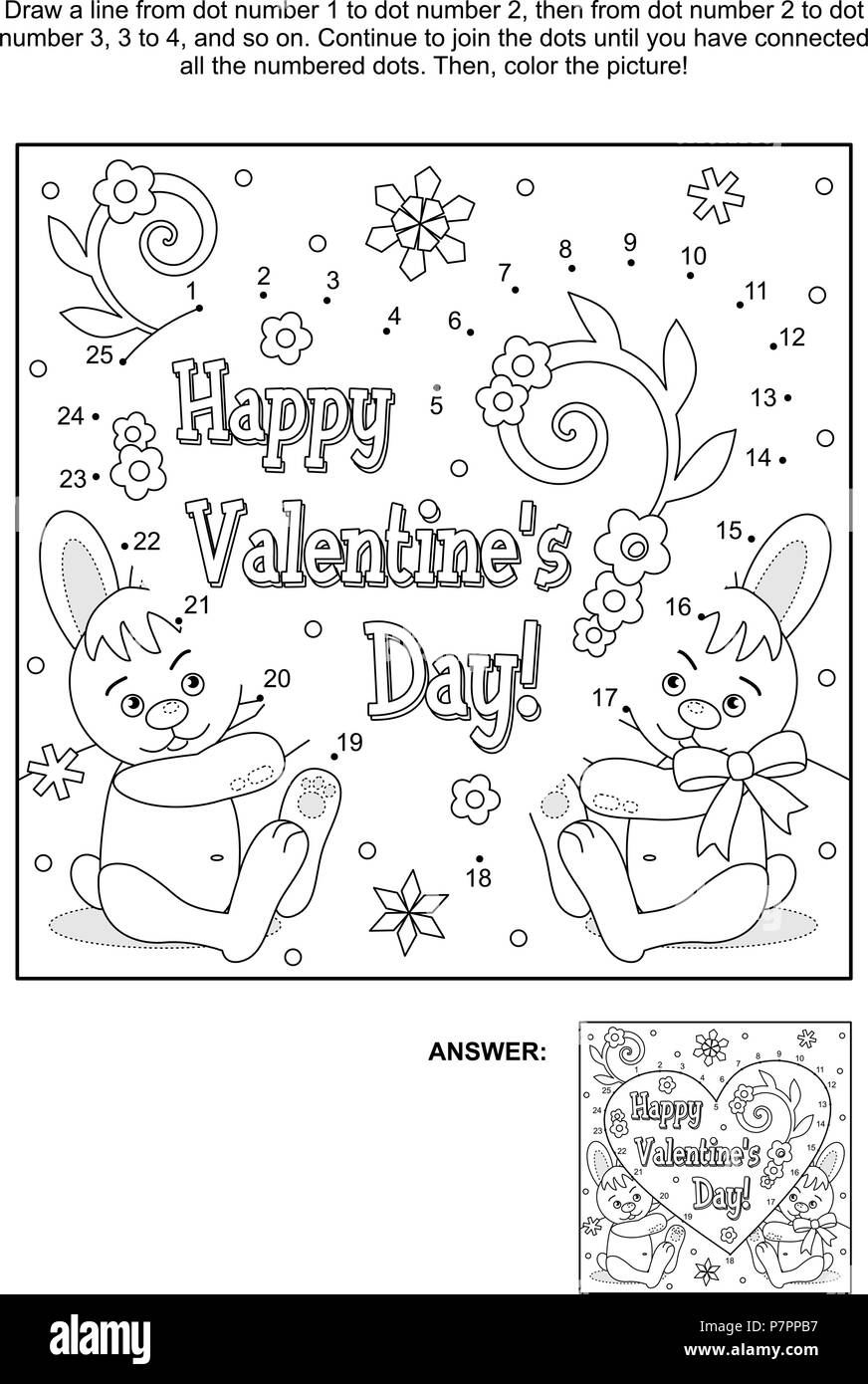 Valentine's Day themed connect the dots picture puzzle and coloring page with hidden heart, greeting text, two cute bunnies, flowers and snowlakes. Stock Vector