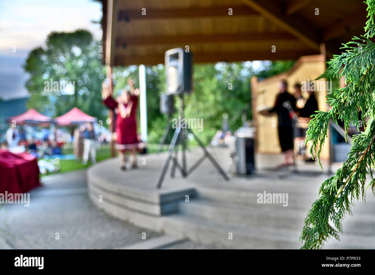 Aboriginal Carver, James Harry and Supporters presents his new totem to the audience. Shot from the stage's perspective at PCT, Port Moody, BC Canada Stock Photo