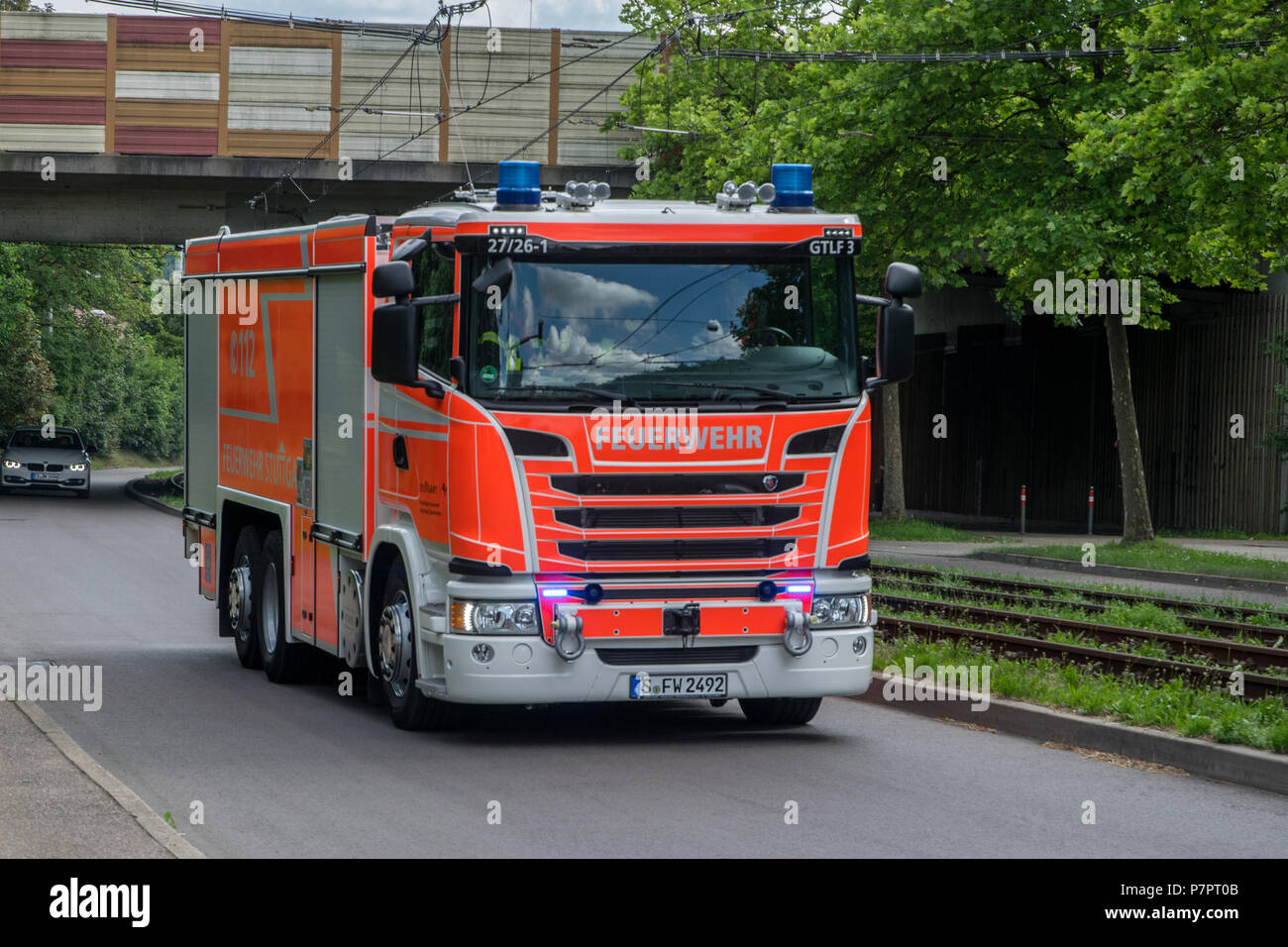 Schauübung der Jugendfeuerwehr der Freiwilligen Feuerwehr Stuttgart-Stammheim am Tag der offenen Tür, Deutschland Stock Photo