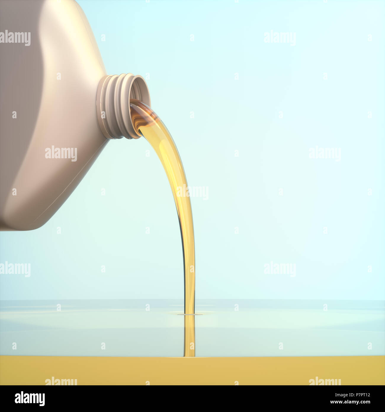3D illustration. Pouring engine oil on flat surface with black