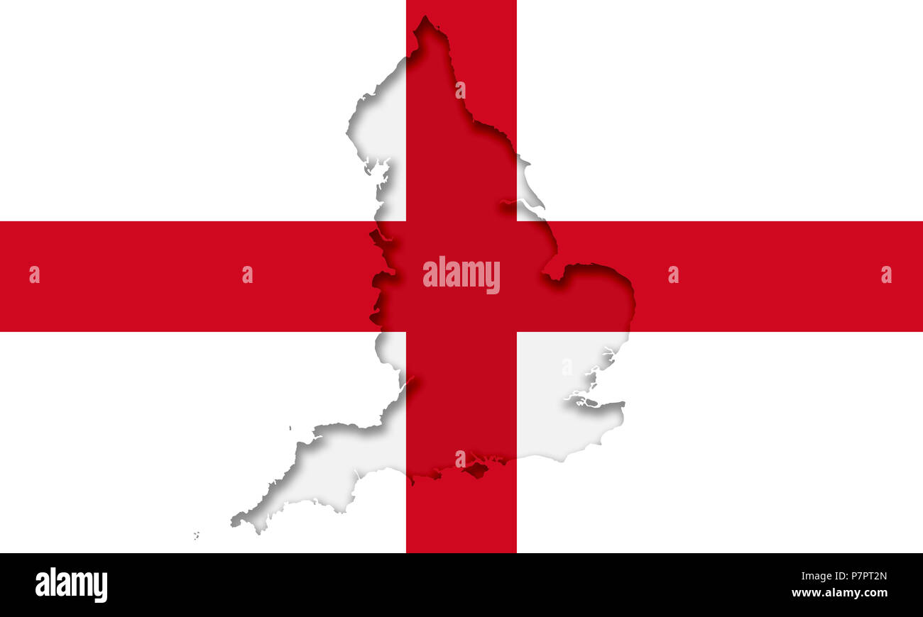 Silhouette of England in civil and state flag. Red St George's Cross on a white field. Outline of England with shadow inside. Country. Illustration. Stock Photo