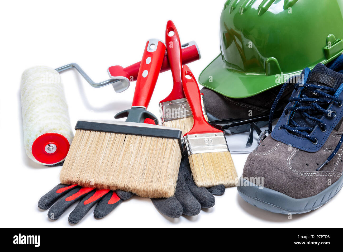 Work tools and safety equipment for professional house painter isolated