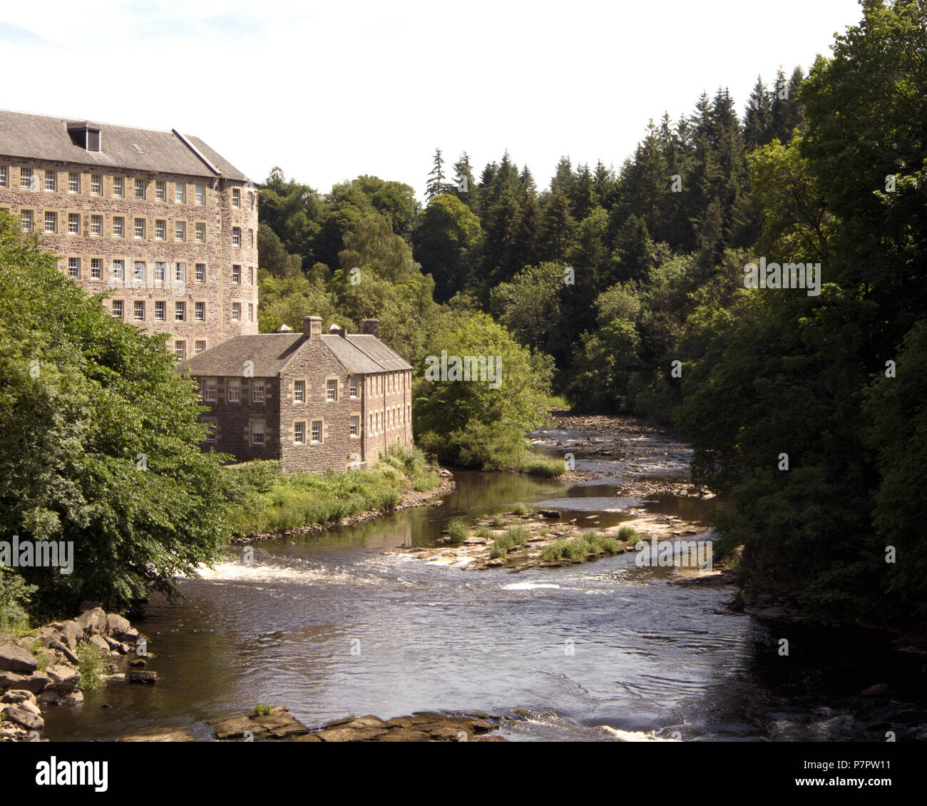 View of New Lanark from the Clyde Valley Walkway Stock Photo