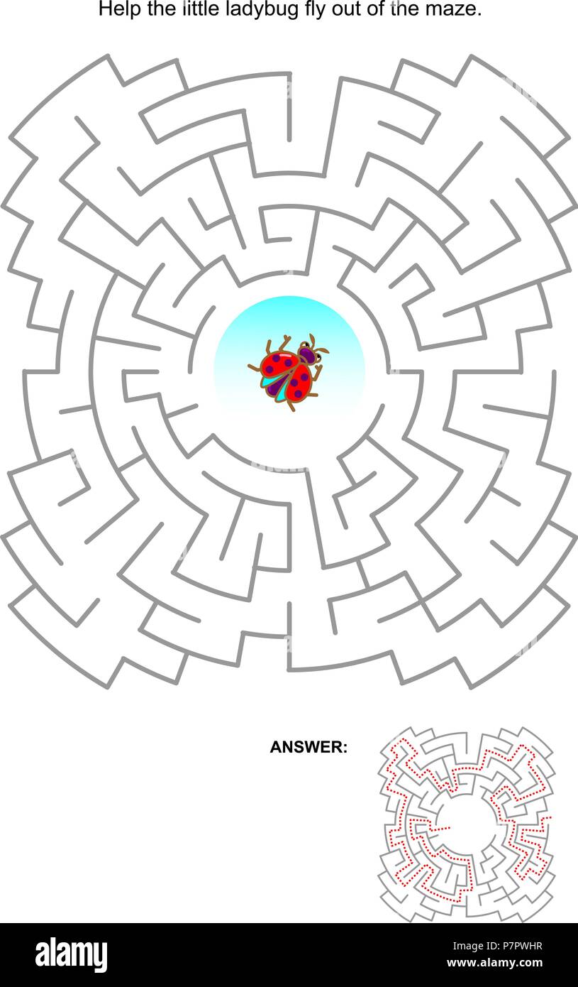 Maze game for kids: Help the little ladybug fly out of the labyrinth. Answer included. Stock Vector