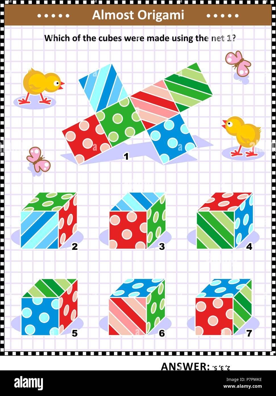 IQ training visual math puzzle (suitable both for kids and adults): When the 1 is folded to form a cube, which of the 2 - 7 can be produced? Stock Vector