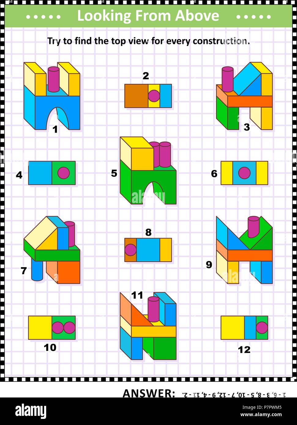 Educational math puzzle: Find the top view for each of the toy building blocks structures. Answer included. Stock Vector
