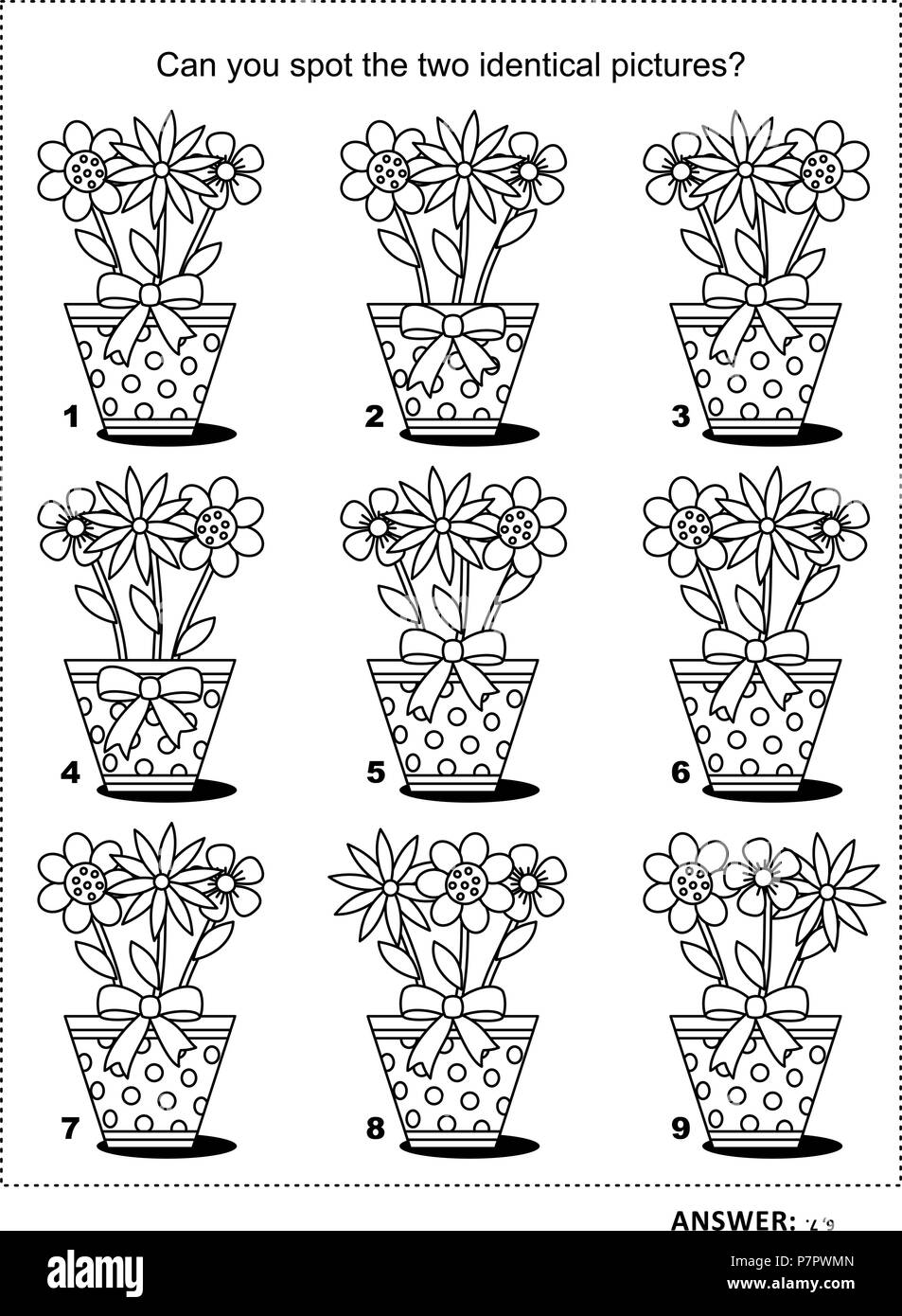 IQ training find the two identical pictures with flowers in dotted pots visual puzzle and coloring page. Answer included. Stock Vector