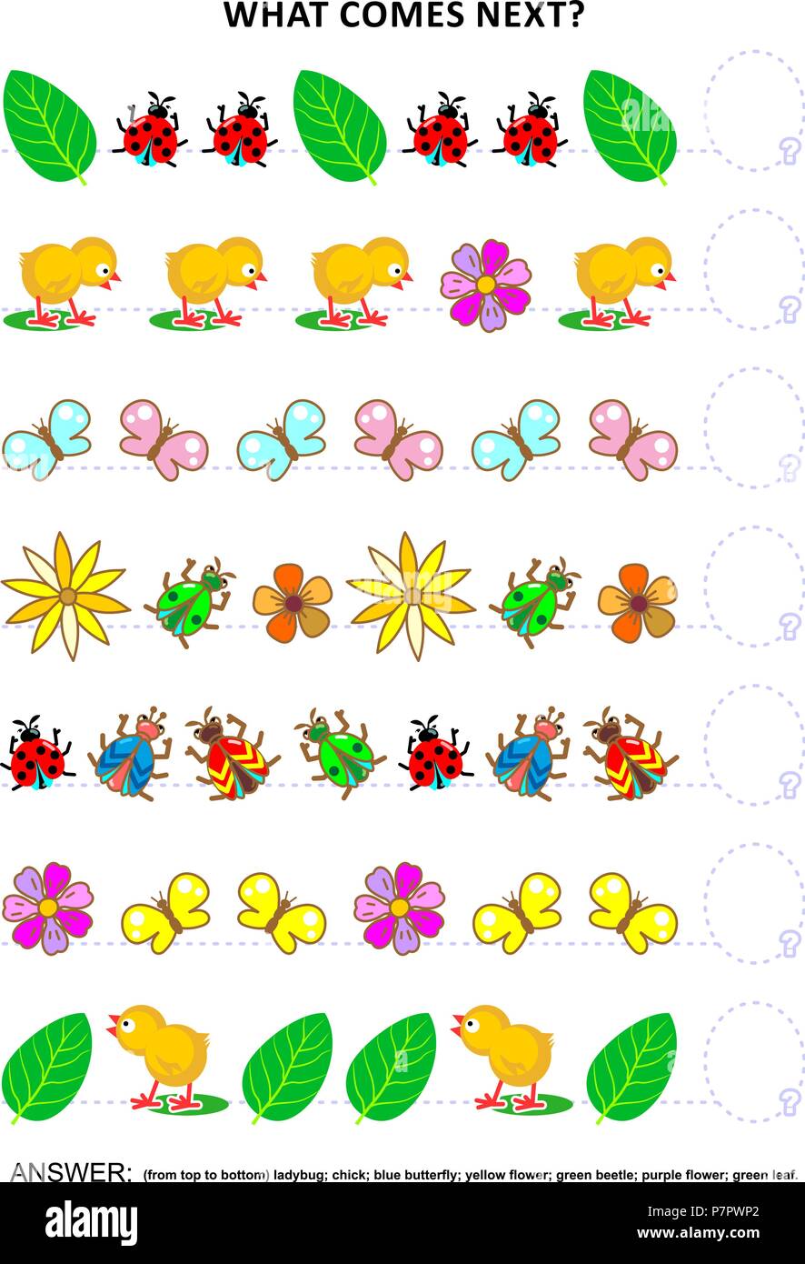 Spring or summer themed educational logic game training sequential pattern recognition skills with chicks, insects, flowers, green leaves. Stock Vector