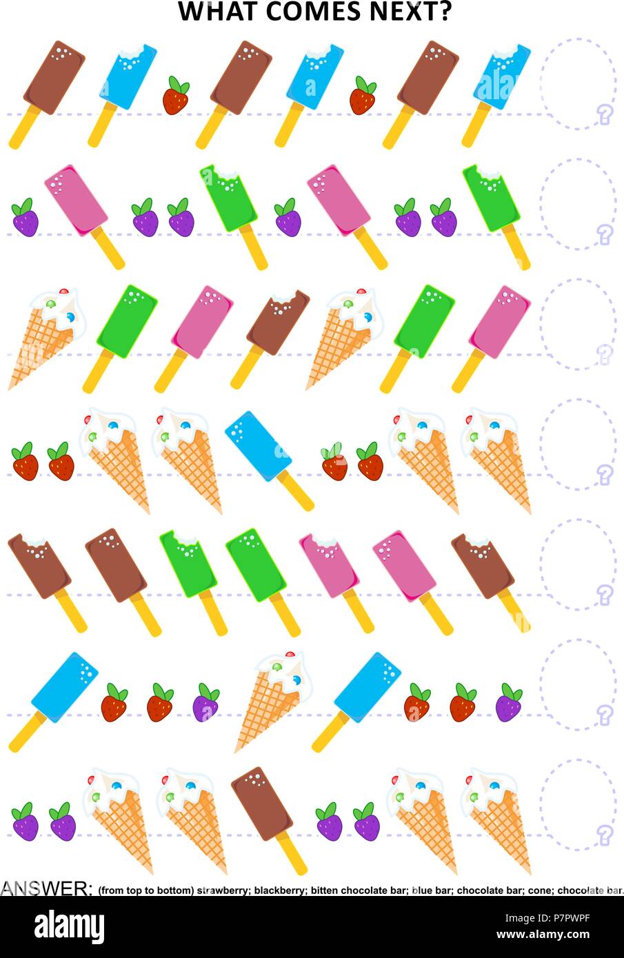 Ice-cream themed educational logic game training sequential pattern recognition: What comes next in the sequence? Answer included. Stock Vector