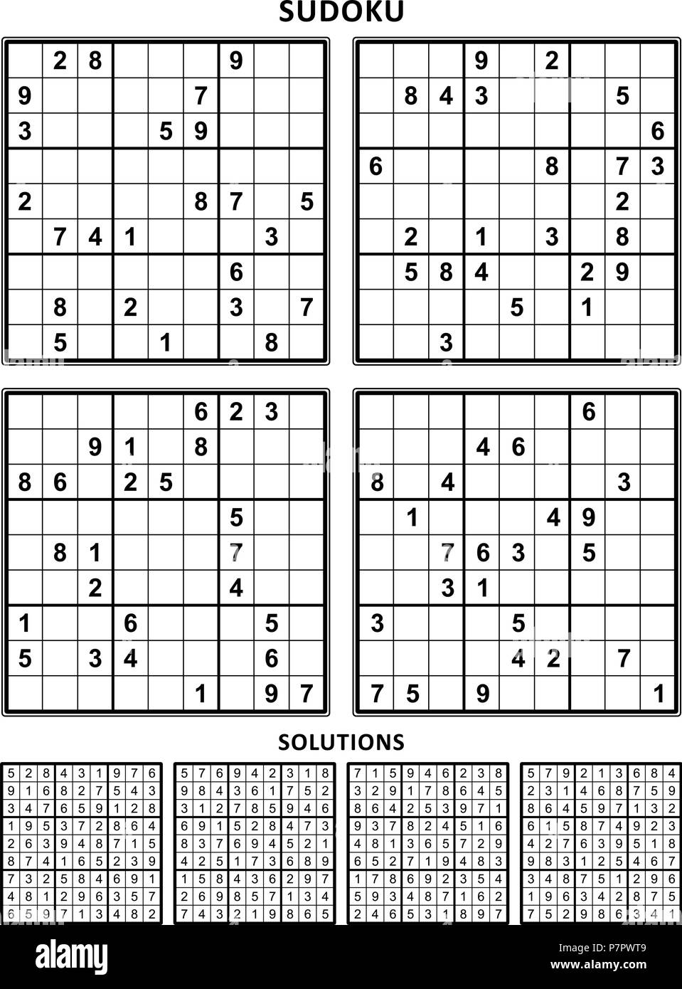 Four sudoku puzzles of comfortable (easy, yet not very easy) level, on A4 or Letter sized page with margins, suitable for large print books. Set 9. Stock Vector