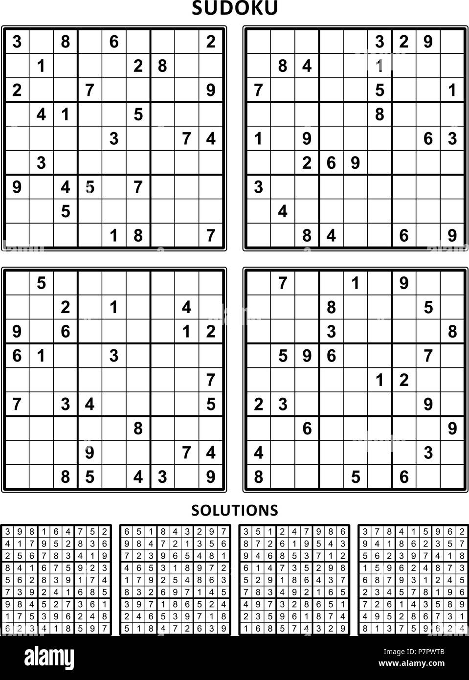 Four sudoku puzzles of comfortable (easy, yet not very easy) level, on A4 or Letter sized page with margins, suitable for large print books. Set 10. Stock Vector