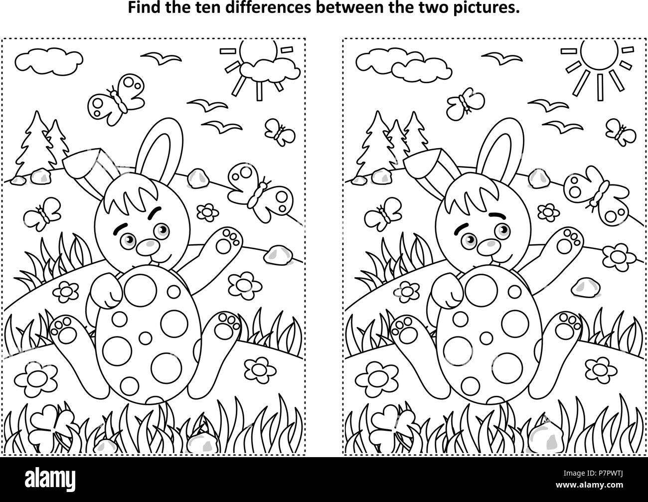 Easter holiday themed find the ten differences picture puzzle and coloring page with bunny and painted egg, rural scene Stock Vector