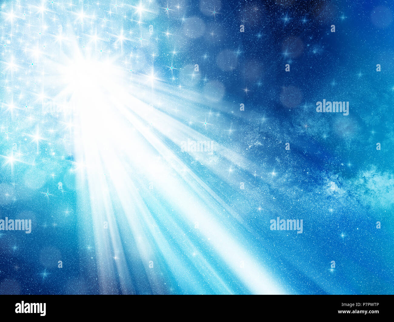 background image of defocused abstract lights and beam of light over blue background Stock Photo