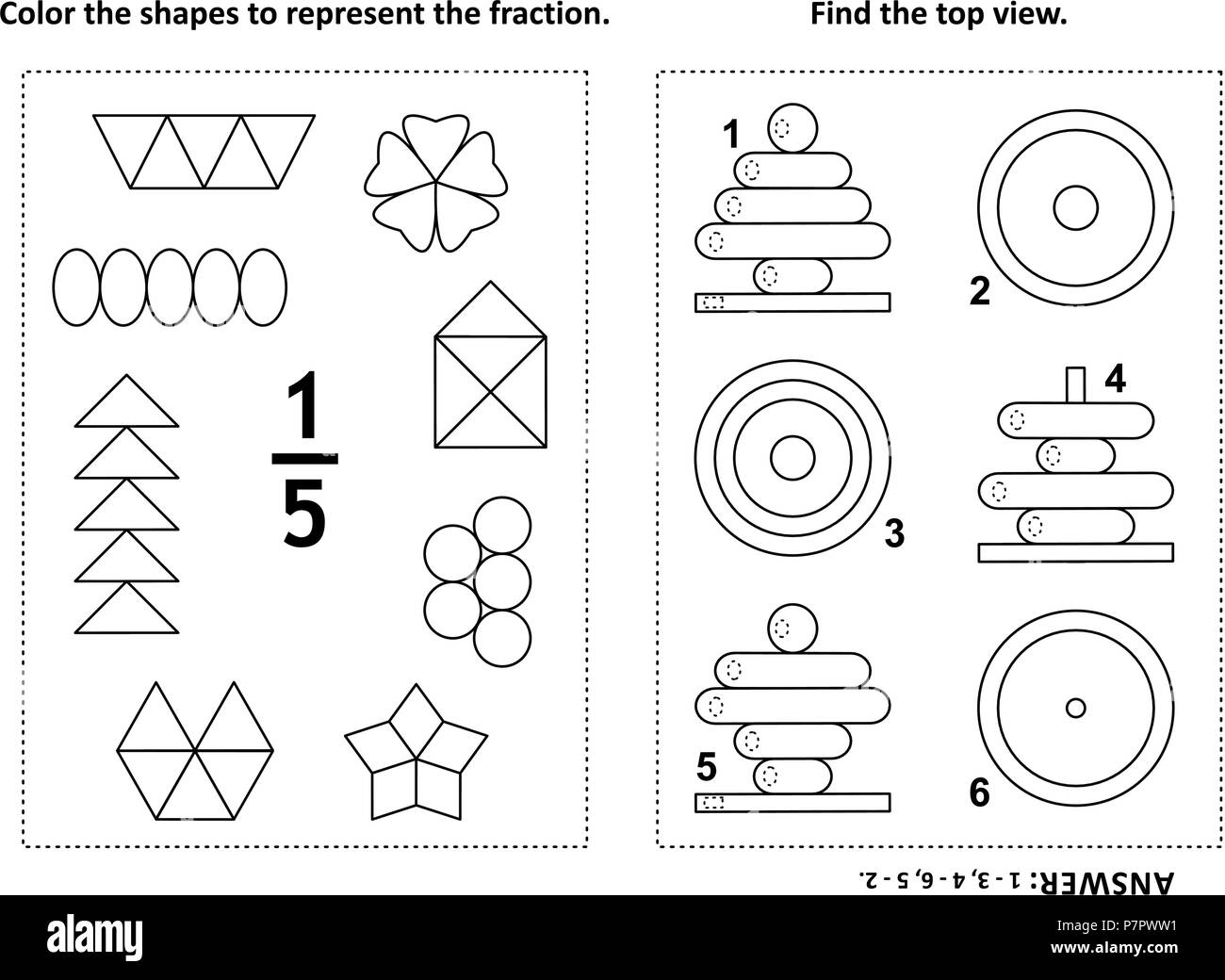Two visual math puzzles and coloring pages. Color the shapes to represent the fraction. Find the top view. Black and white. Answer included. Stock Vector