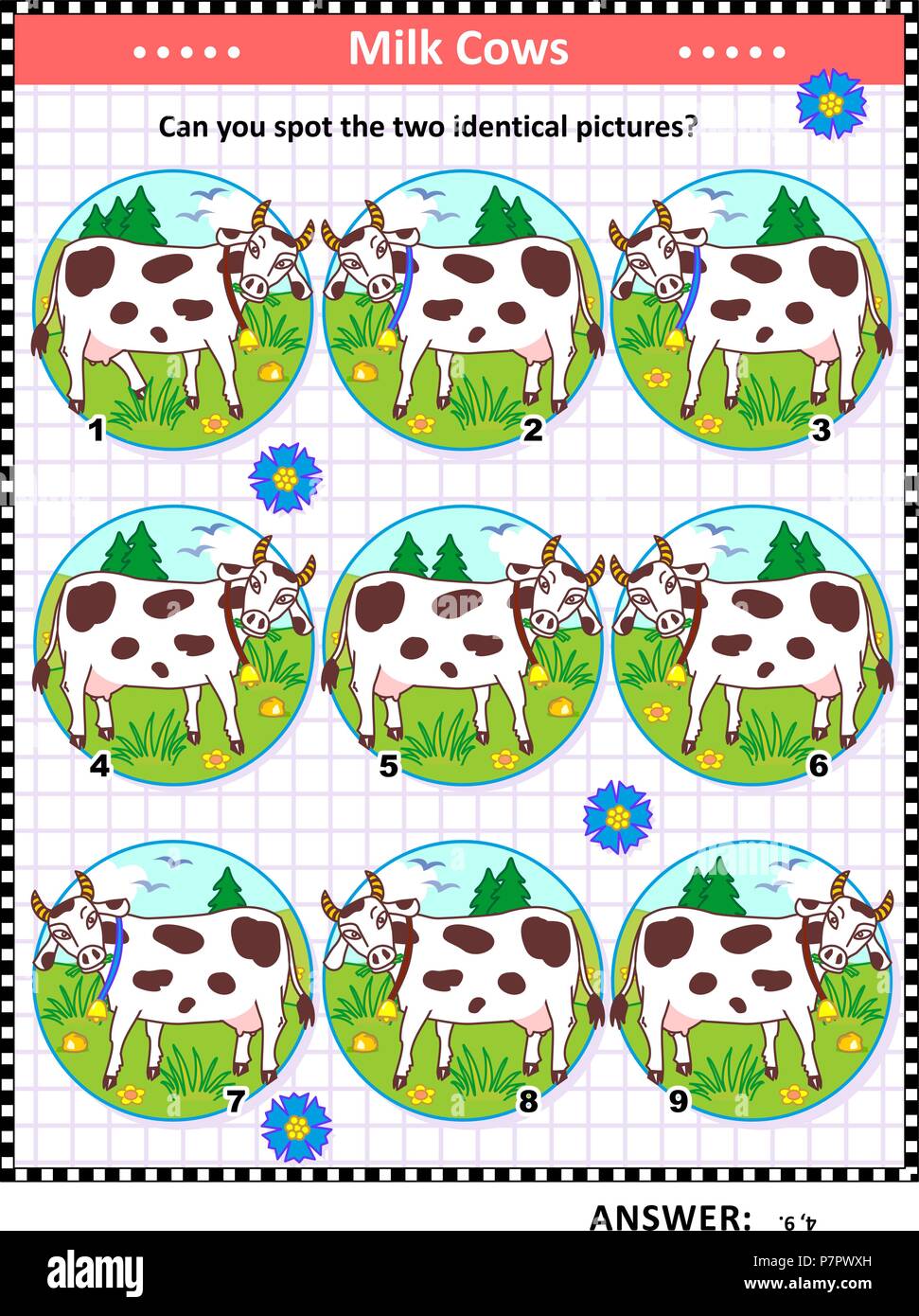 Visual logic puzzle with spotted milk cows: Can you find the two identical pictures? Answer included. Stock Vector