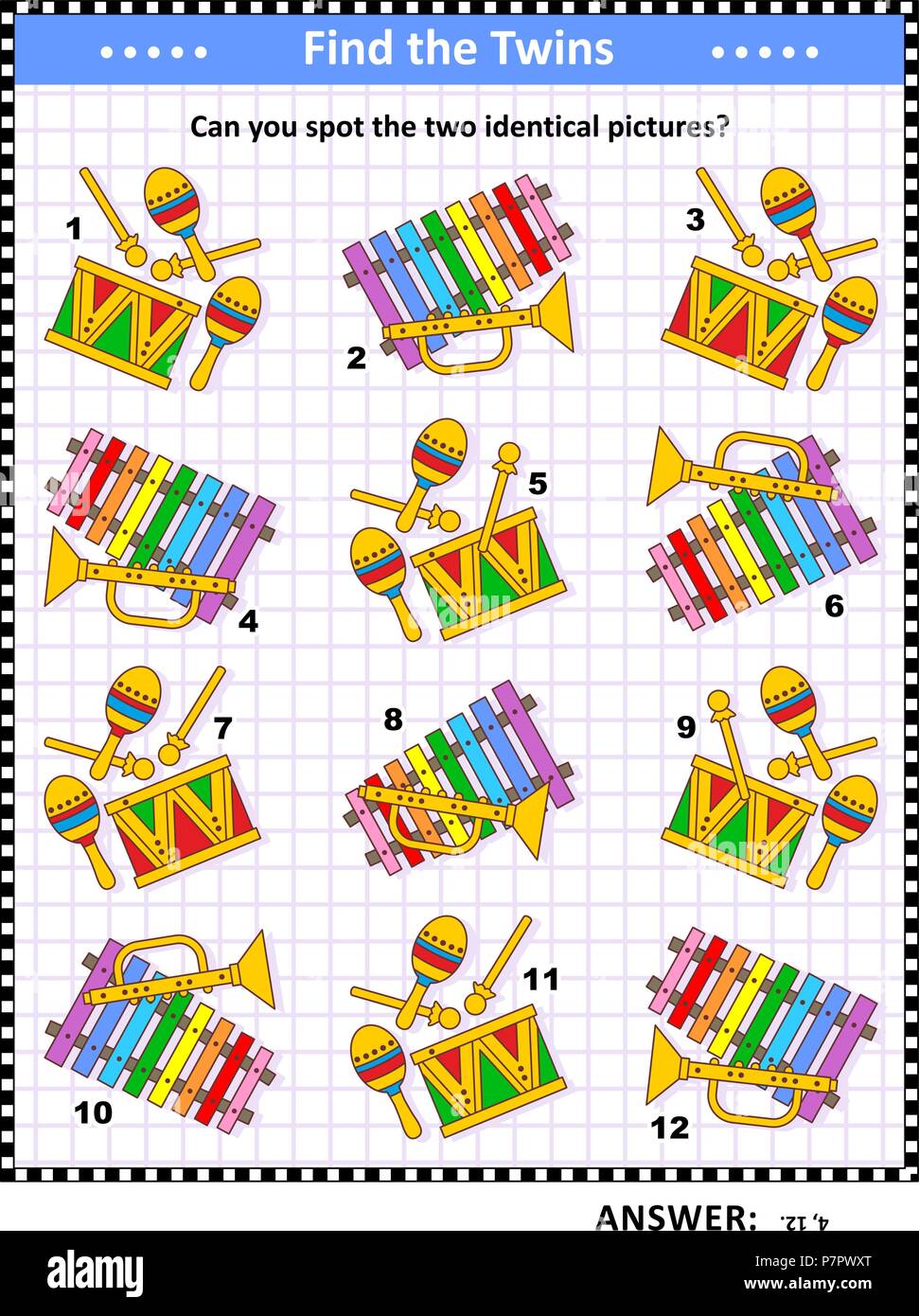 Visual puzzle with toy musical instruments: Can you spot the two identical pictures? Answer included. Stock Vector
