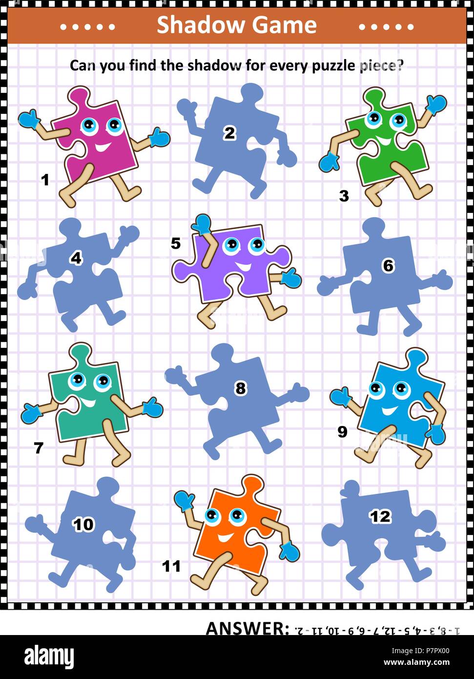 Visual puzzle with colorful jigsaw puzzle piece buds Try to find the shadow for each puzzle