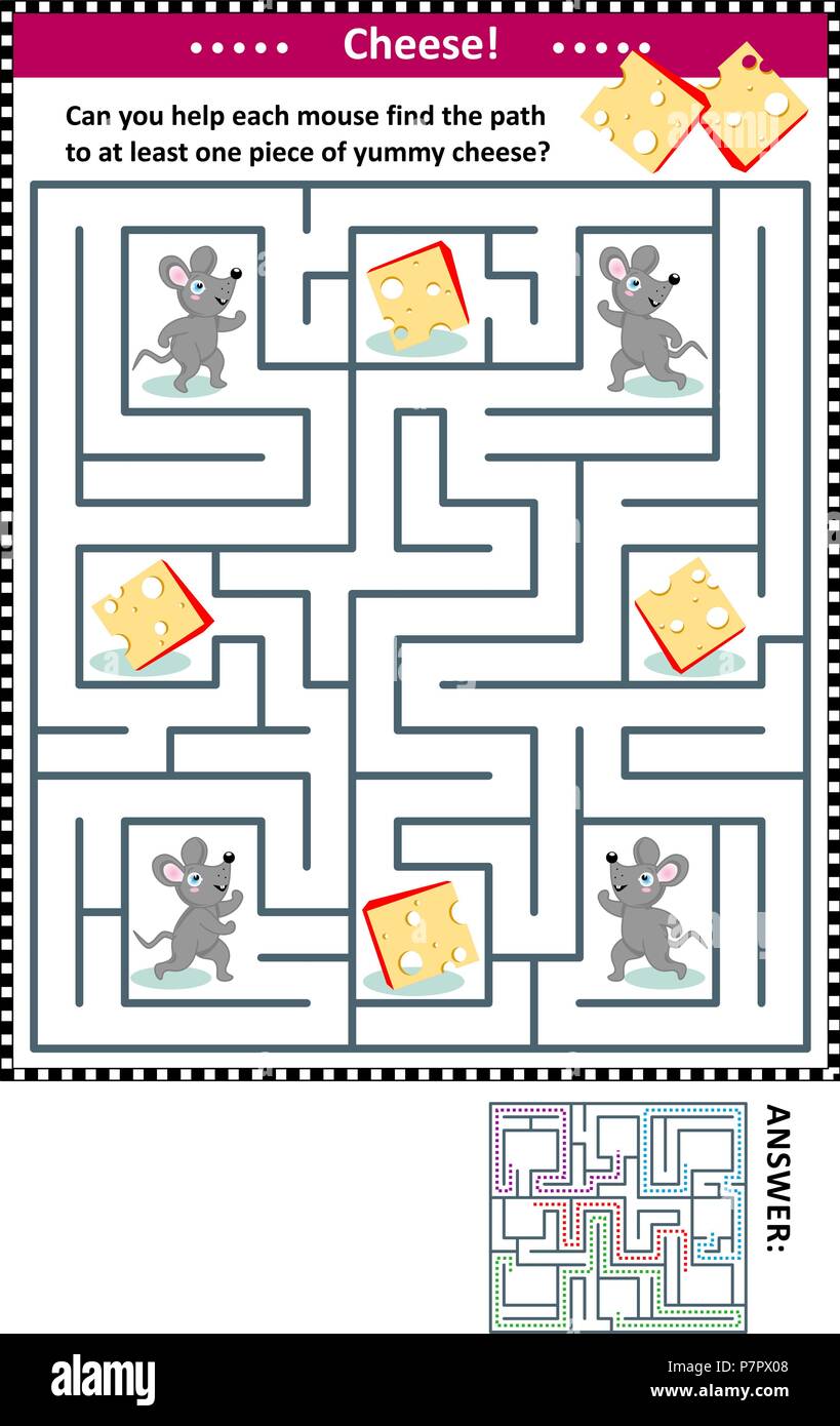 maze game for children with four mice and four pieces of cheese can
