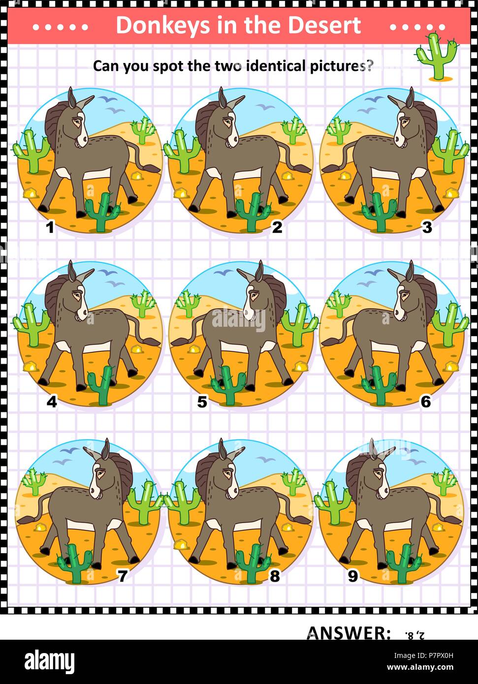 Logical Puzzle Game Children Adults Need Find Donkey Identical