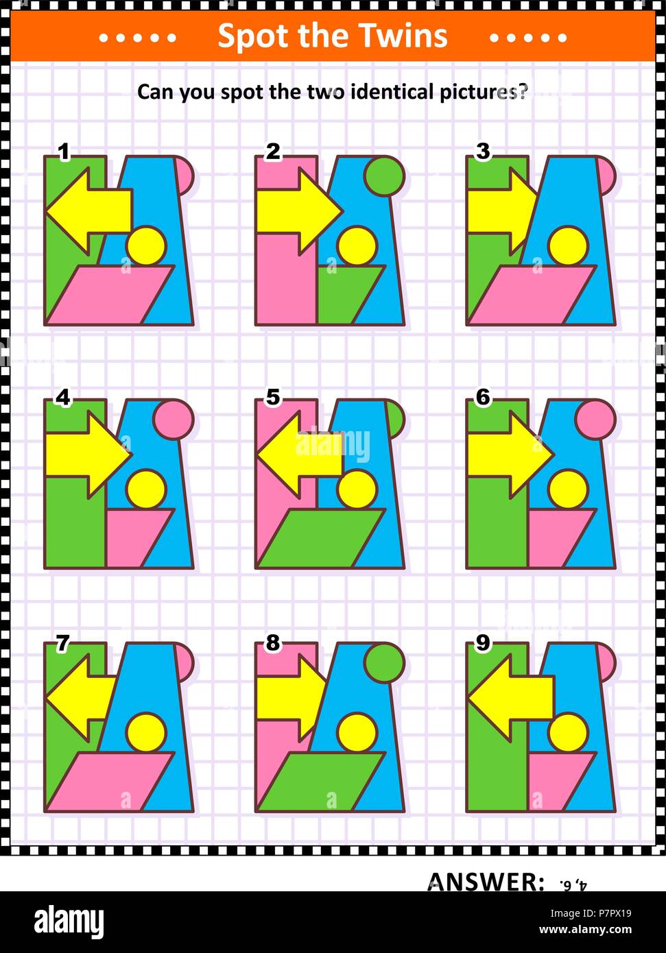 IQ training educational math puzzle for kids and adults with basic shapes -  parallelogram, rectangle, circles, arrow, trapezoid - overlays and colors Stock Vector