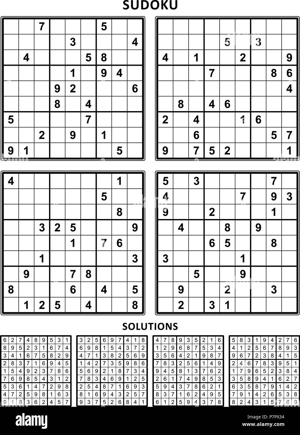 four sudoku puzzles of comfortable level on a4 or letter sized page with margins suitable for large print books answers included set 11 stock vector image art alamy