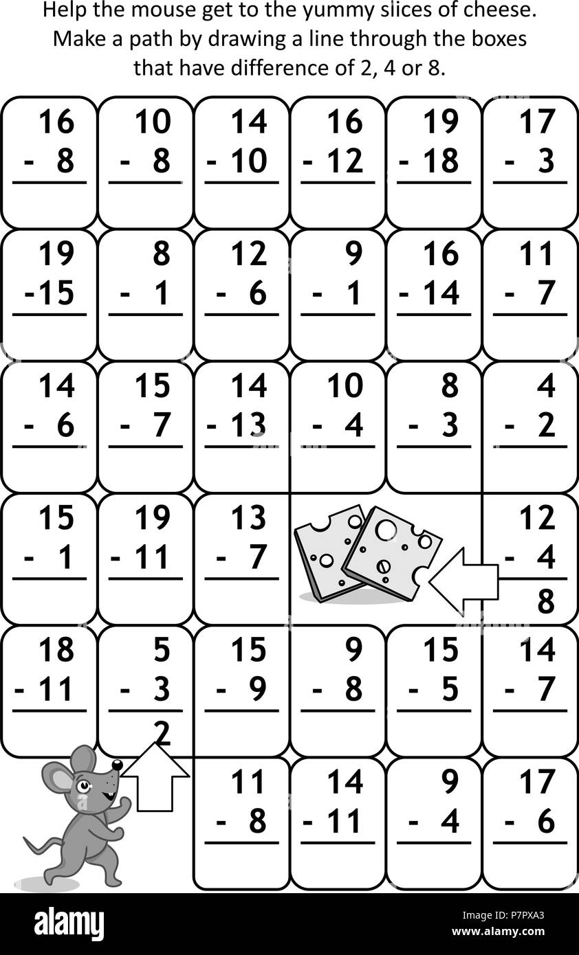 Math maze with subtraction facts help the mouse get to the yummy