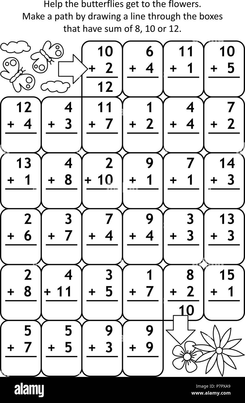 Math maze with addition facts Help the butterflies get to the flowers