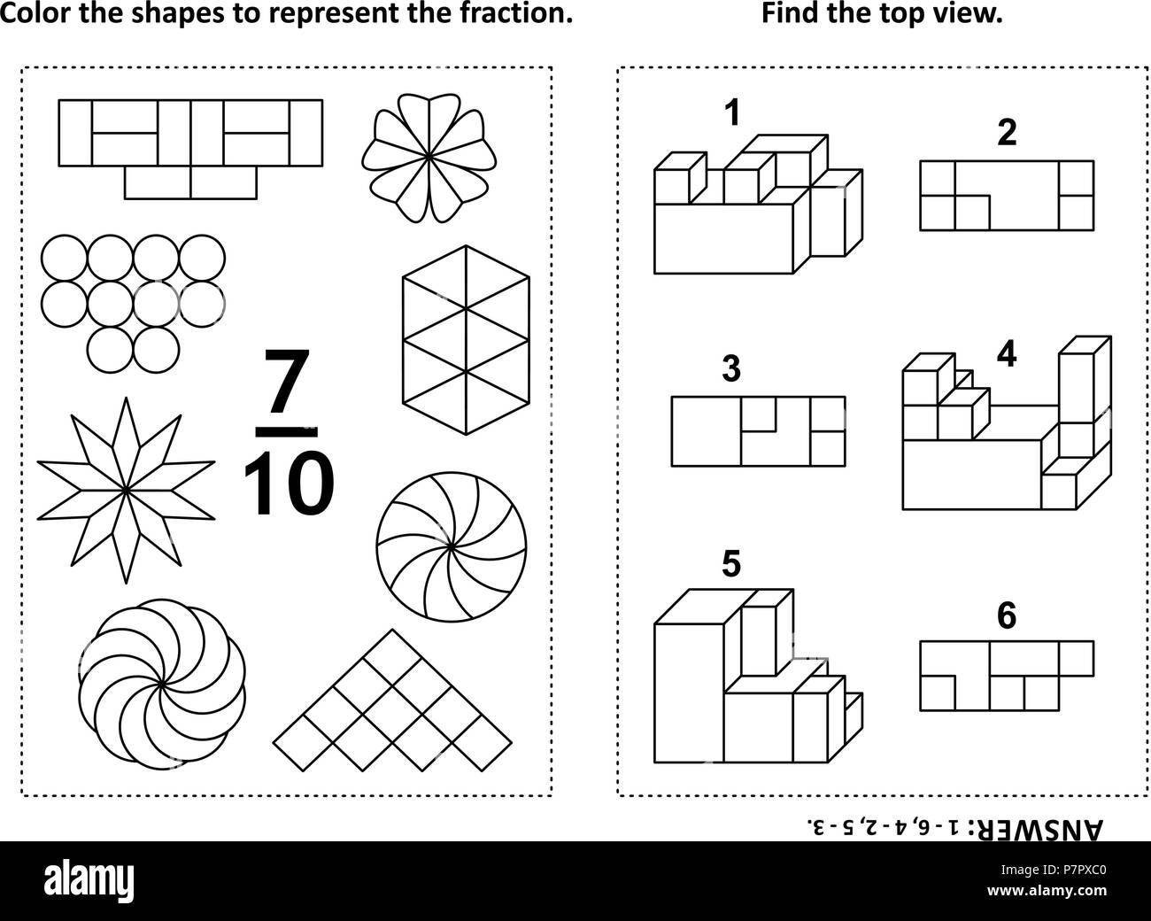 Two visual math puzzles and coloring pages. Color the shapes to represent the fraction. Find the top view. Black and white. Answer included. Stock Vector
