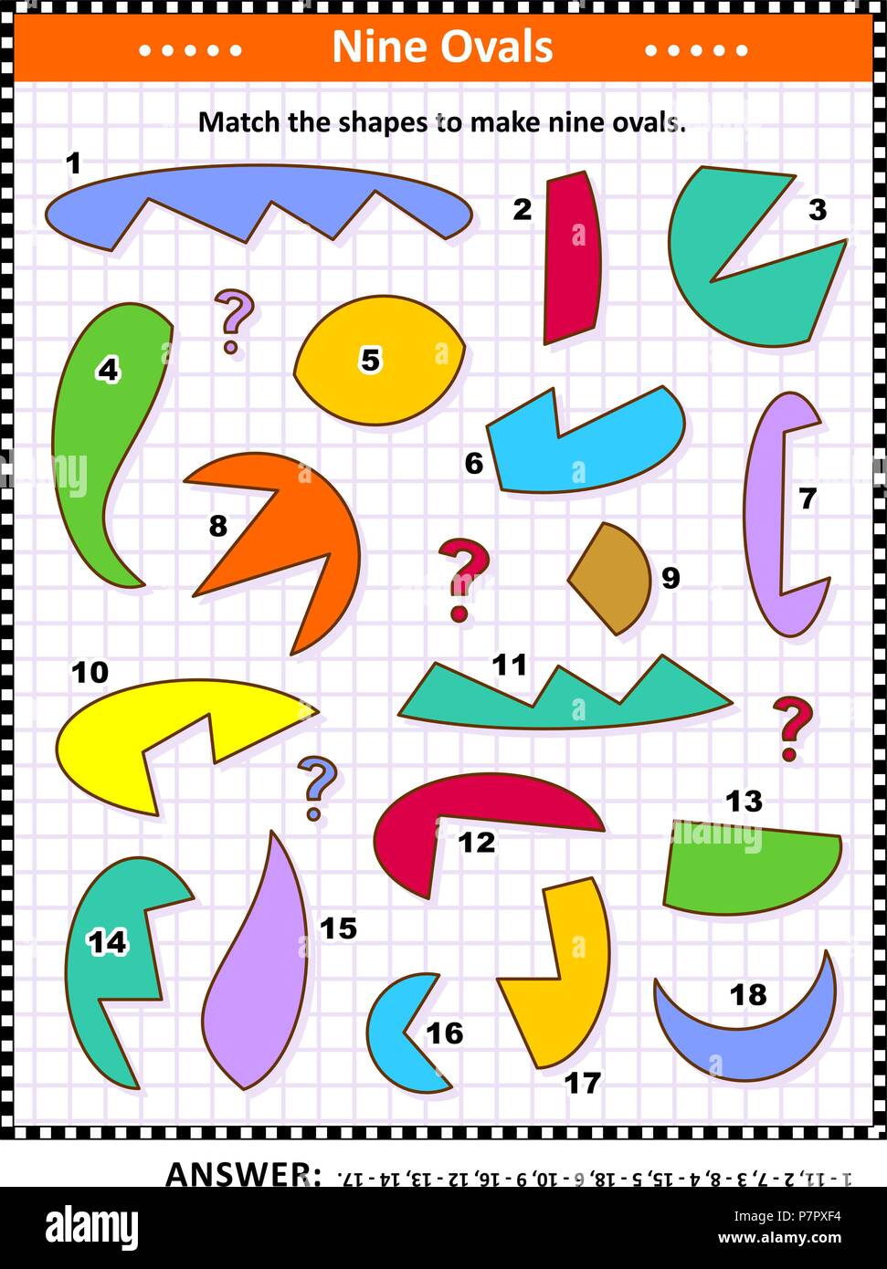 IQ and spatial skills training math visual puzzle: Match the shapes to make nine ovals, or ellipses. Answer included. Stock Vector