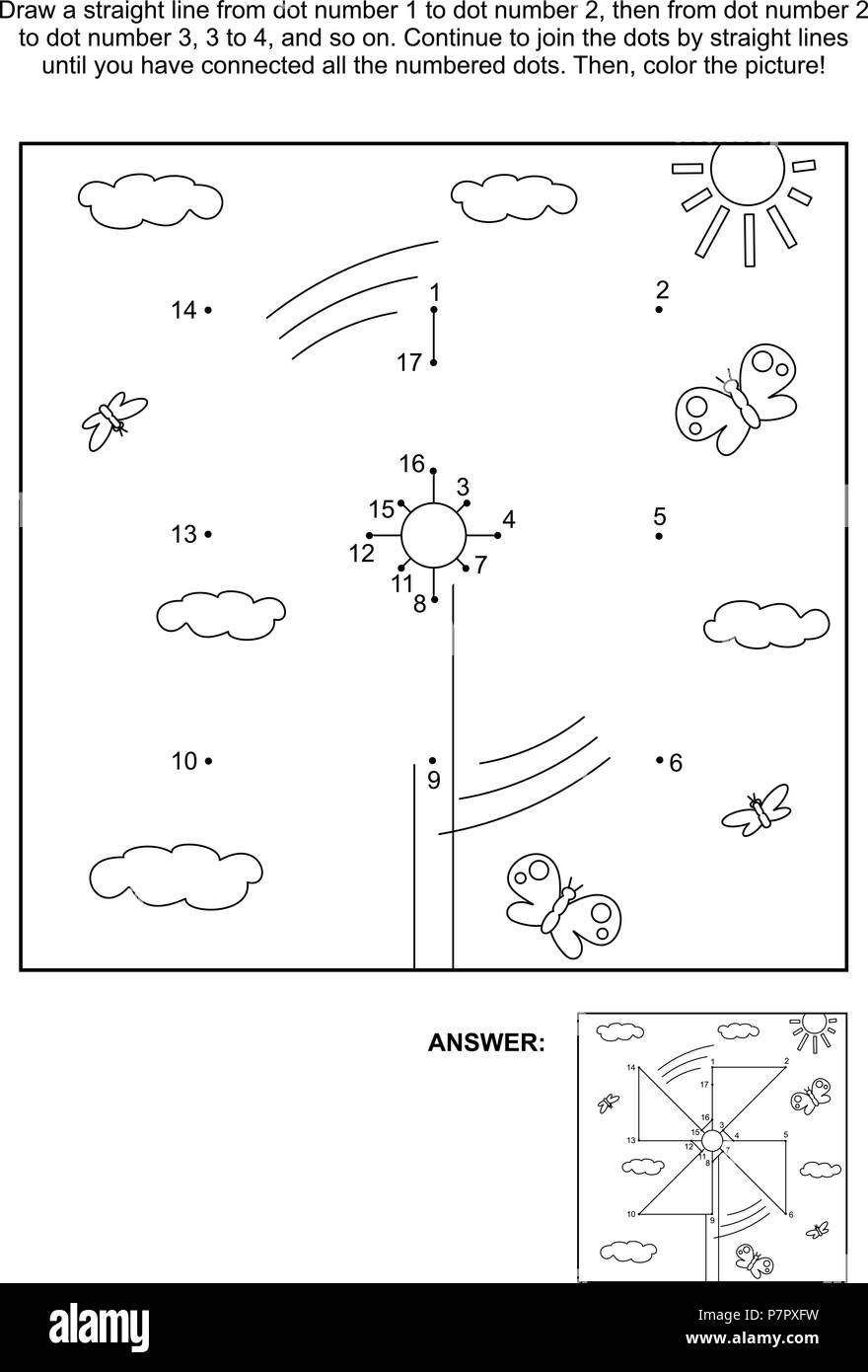 Connect the dots picture puzzle and coloring page with pinwheel. Answer included. Stock Vector