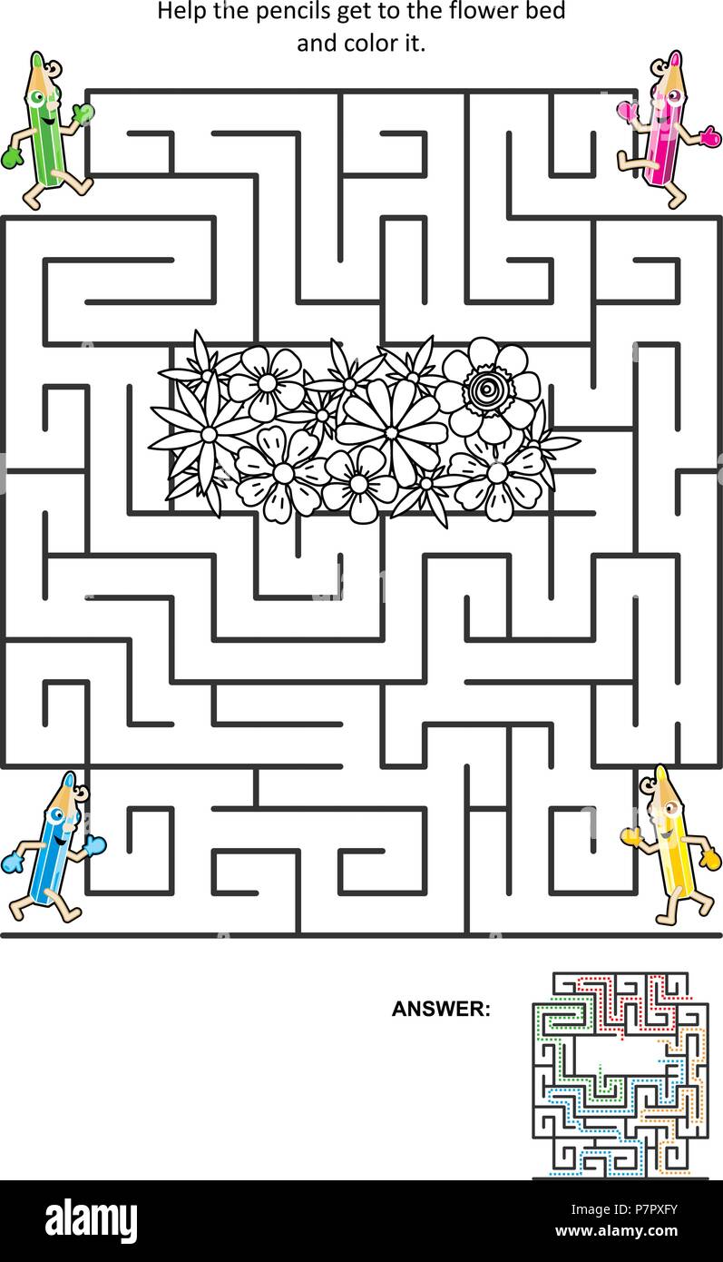 Maze game or activity page for kids: Help the pencils get to the flower bed and color it. Answer included. Stock Vector
