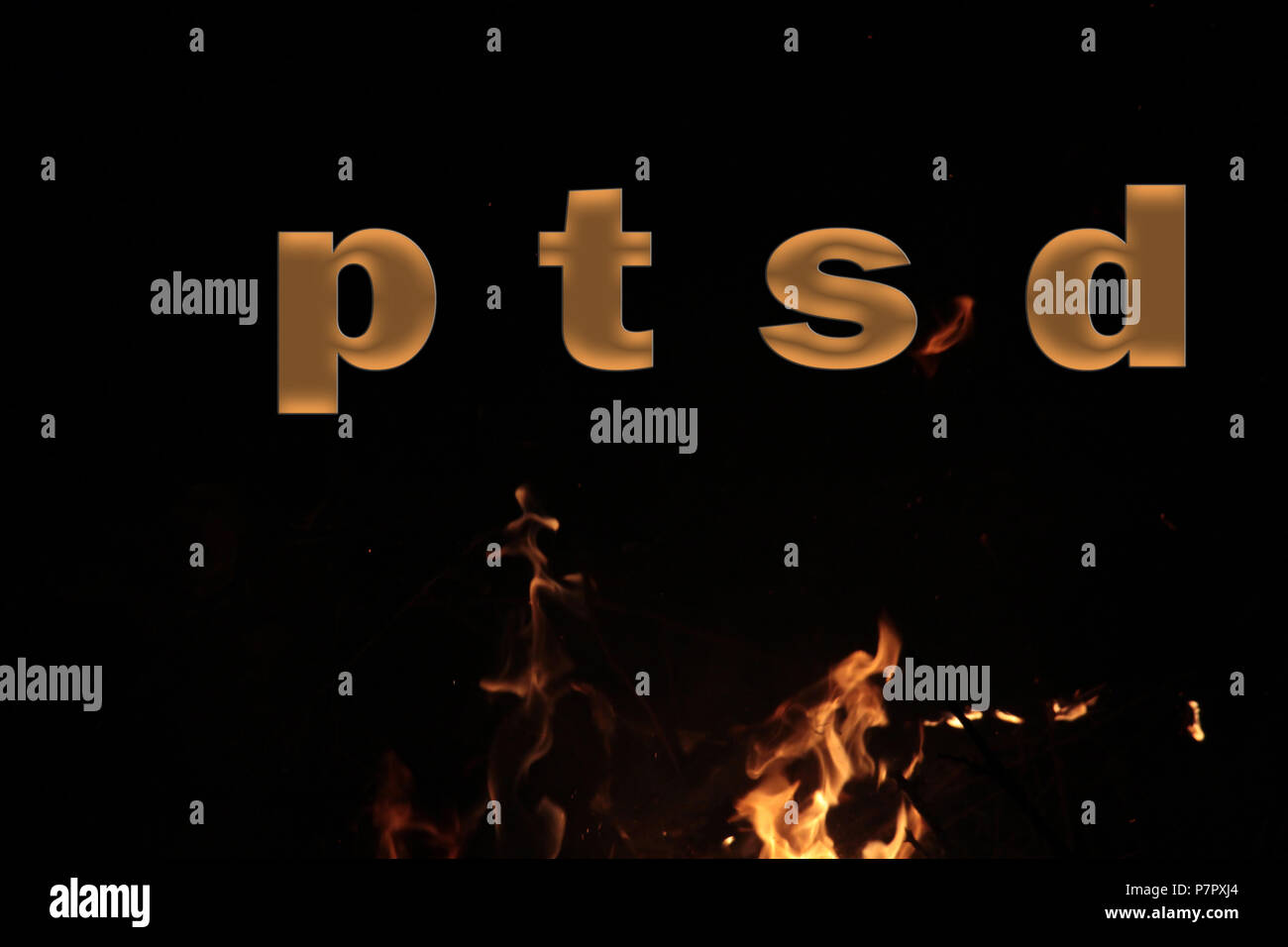 PTSD Medical abbreviation or acronym of post traumatic stress syndrome, mental disorder caused by traumatic events. Word PTSD on fire background,image Stock Photo