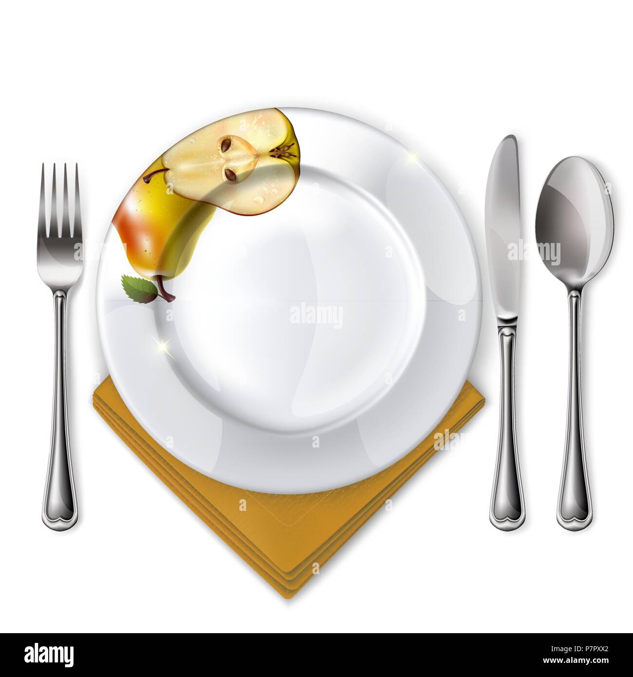 Empty plate with spoon, knife and fork on a white background. Mesh. Clipping Mask. Stock Vector