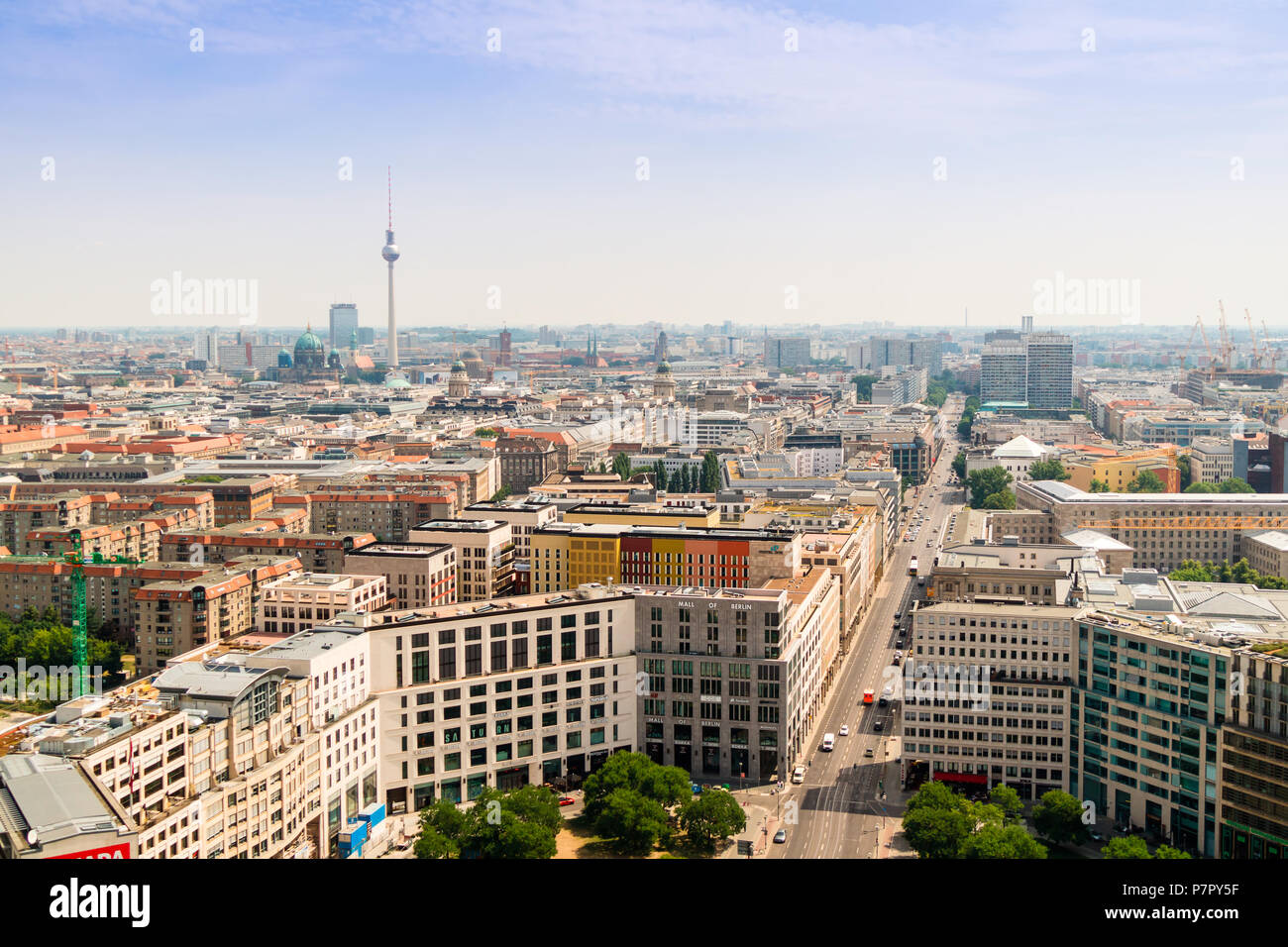 Aerial view of Leipziger street, one of the major streets in Berlin, connects West and East side. Stock Photo