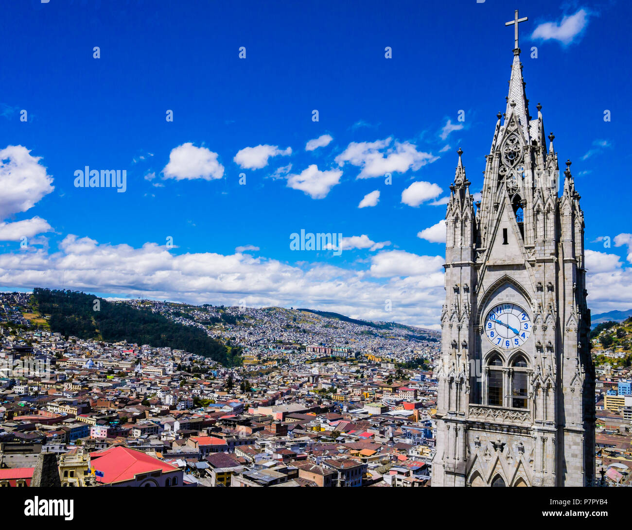 Ecuador, panoramic view of Quito from majestic Basilica del Voto Nacional clock tower Stock Photo