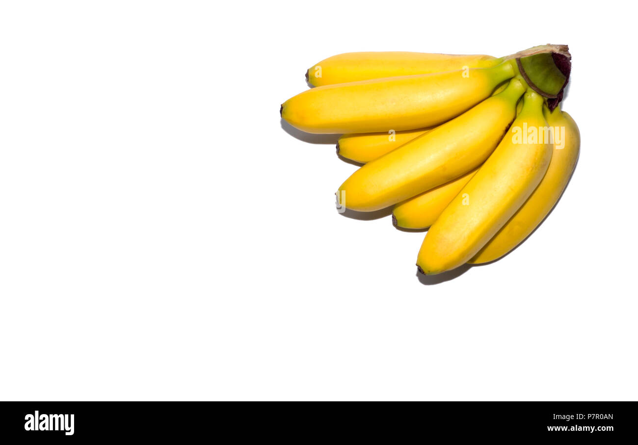 yellow ripe mini bananas isolated on white background. object, fruit