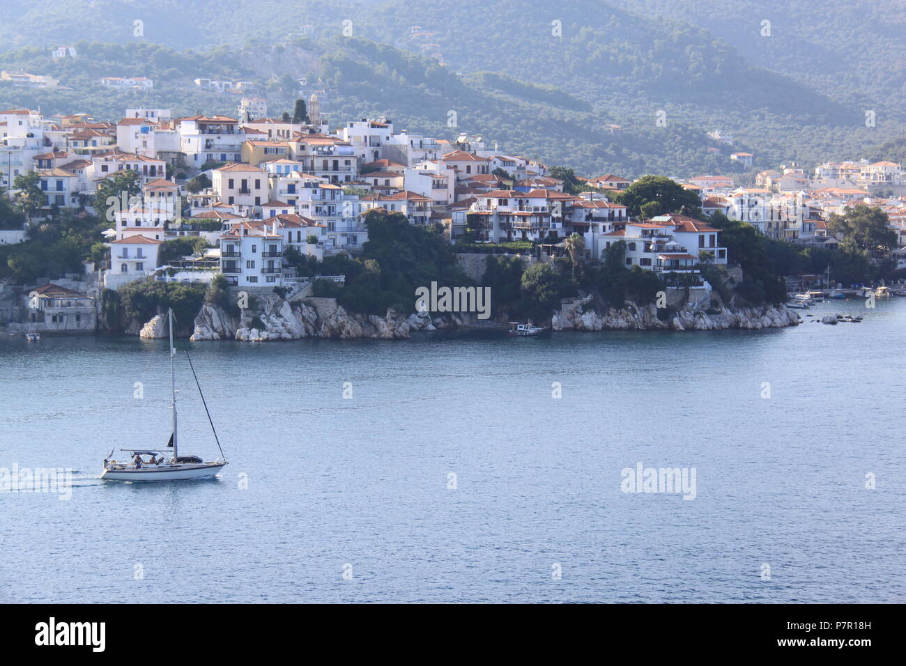 View from the Aegean sea towards Skiathos Island, GREECE, PETER GRANT Stock Photo