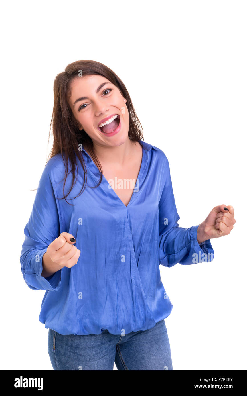 Studio shot: Happy woman with raised arms Stock Photo - Alamy